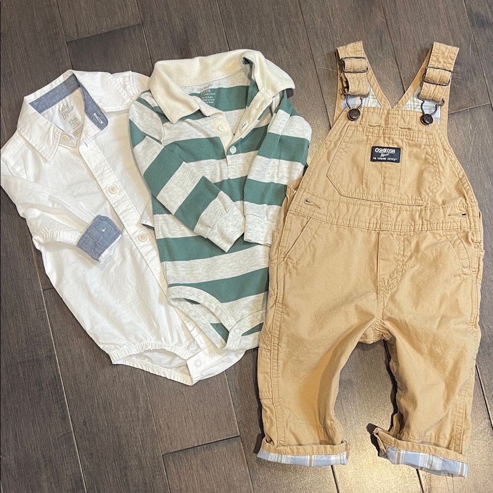 12mth OshKosh B'gosh Tan Cotton Overalls + 2 collared shirts